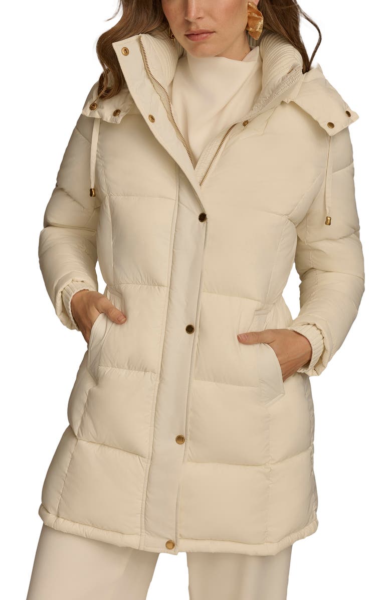 Donna Karan New York Hooded Ribbed Trim Puffer Jacket, Main, color, Cream