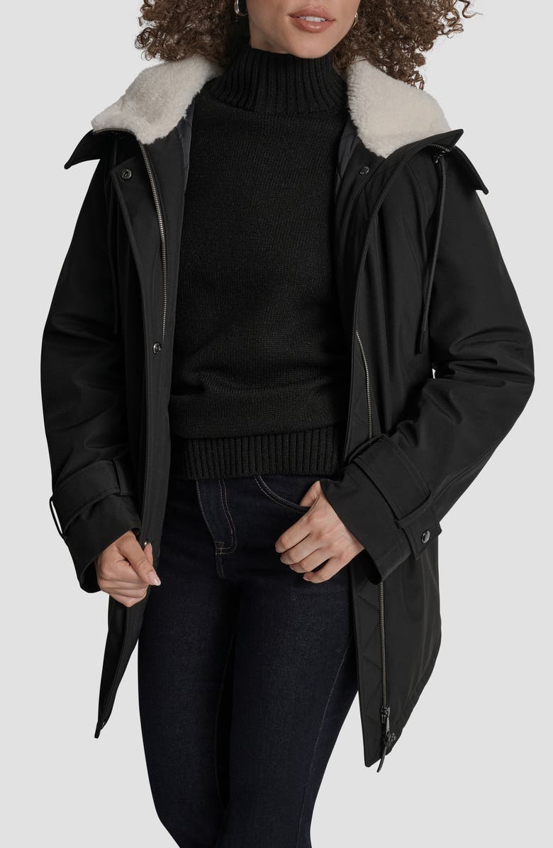 DKNY Faux Fur Lined Hooded Softshell Parka, Alternate, color, Black