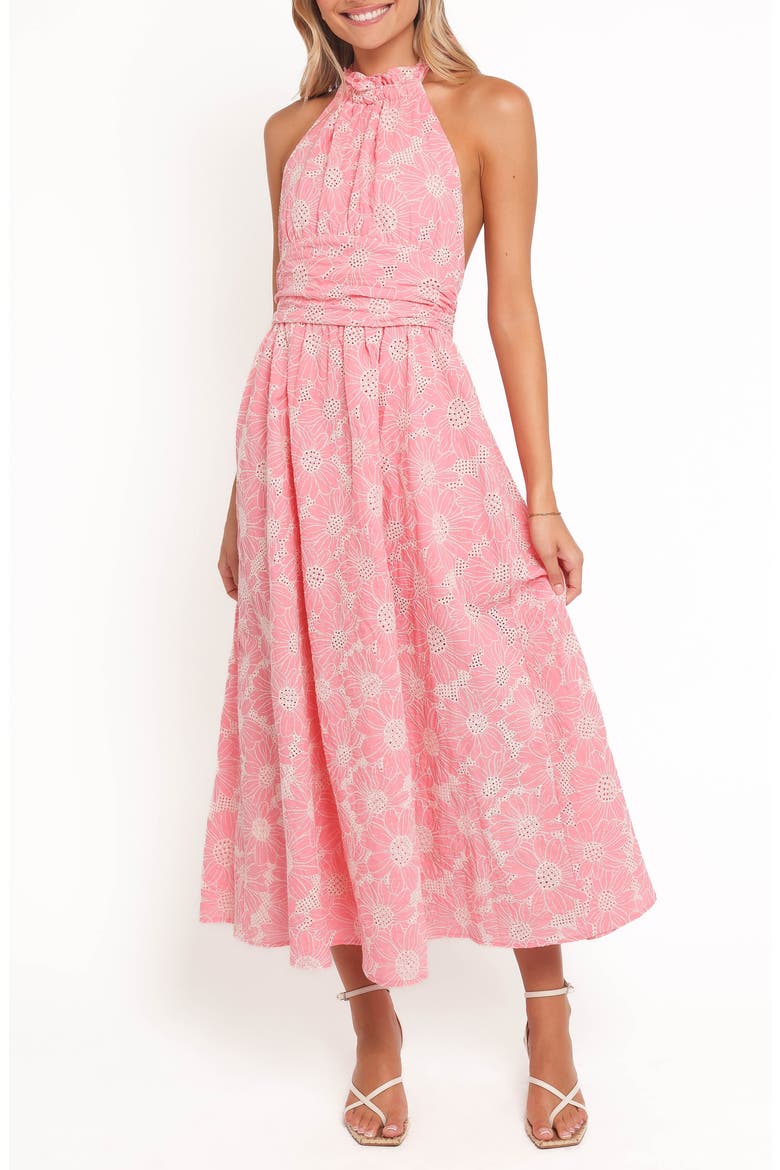 Taila Eyelet Embroidered Halter Neck Cotton Maxi Dress, Main, color, PINK
