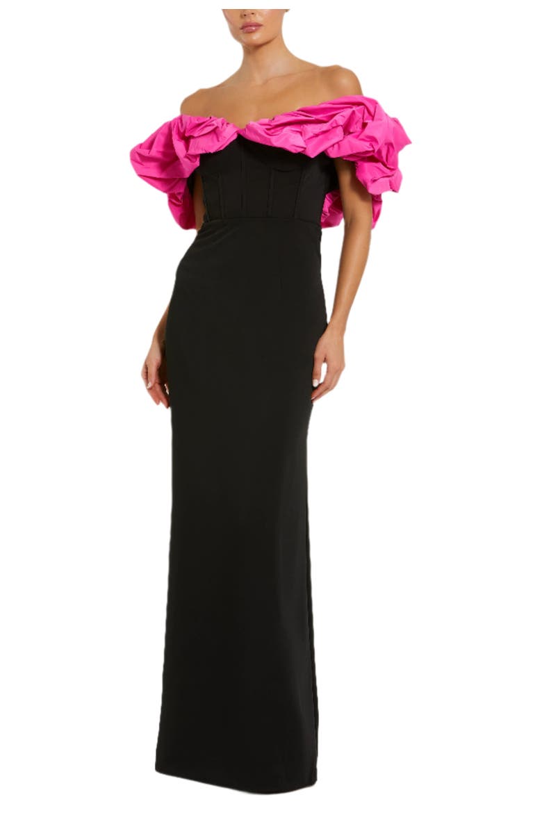 Mac Duggal Crepe & Faille Off The Shoulder Gown, Main, color, Black Hot Pink