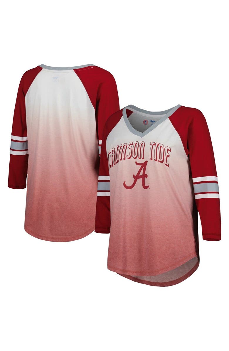 G-III 4HER BY CARL BANKS Women's G-III 4Her by Carl Banks White/Crimson Alabama Crimson Tide Lead Off Ombre Raglan 3/4-Sleeve V-Neck T-Shirt, Main, color, White