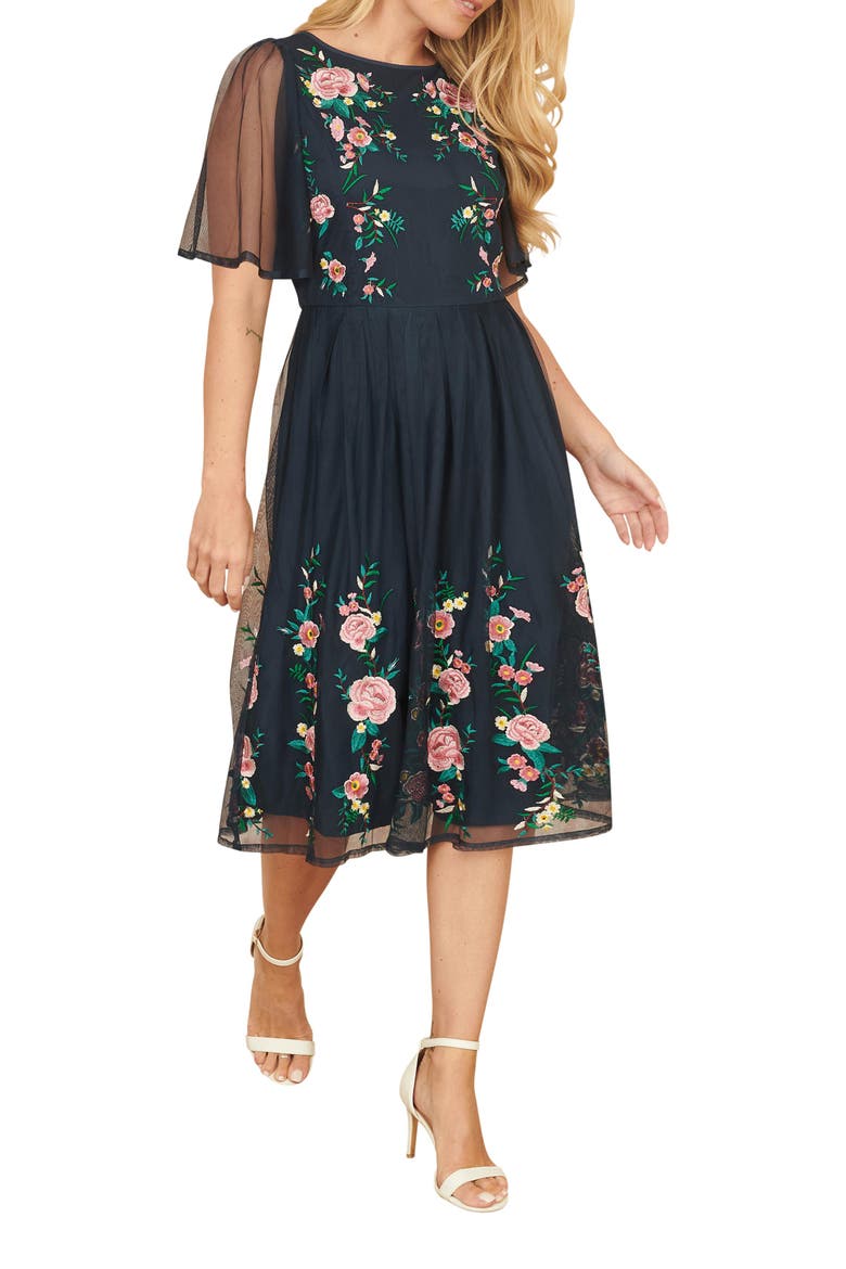 Embroidered Mesh Sleeve Prom Dress, Alternate, color, Navy