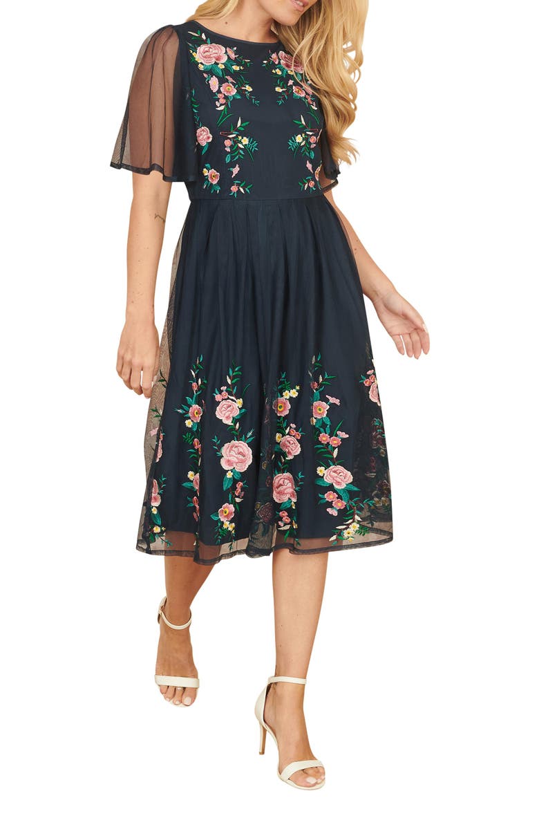 Yumi Embroidered Mesh Sleeve Prom Dress, Alternate, color, Navy