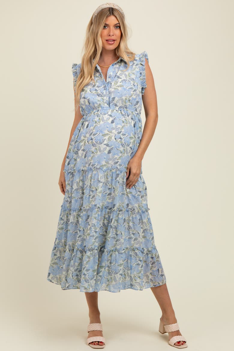 Floral Print Frilled Pocketed Midi Dress, Main, color, Blue