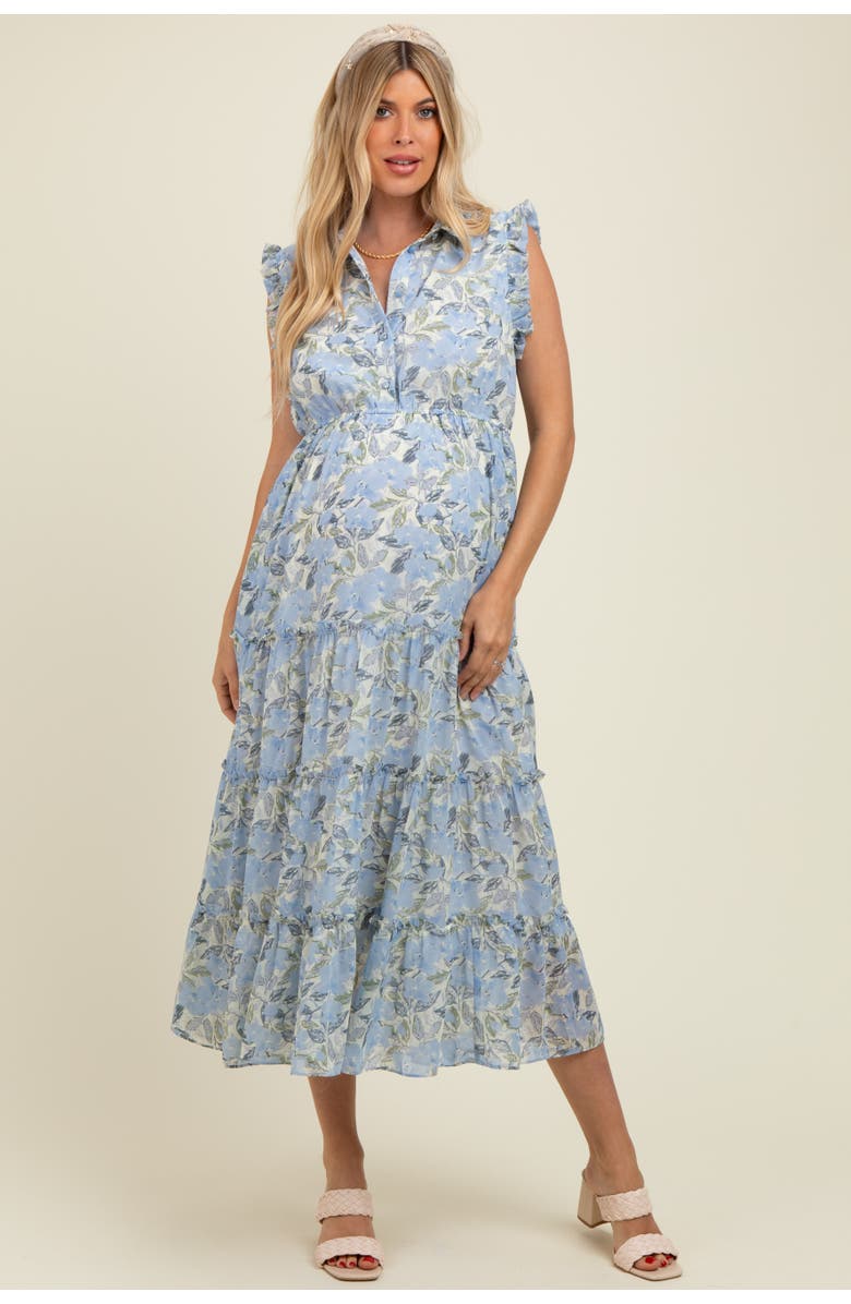PinkBlush Floral Print Frilled Pocketed Midi Dress, Main, color, Blue