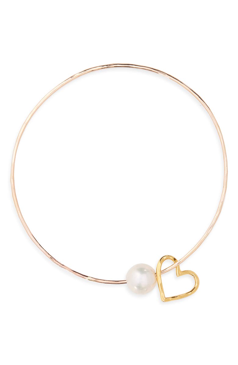 Kiara by Ki-ele Floating Hearl & Pearl Bangle Bracelet, Main, color, Gold