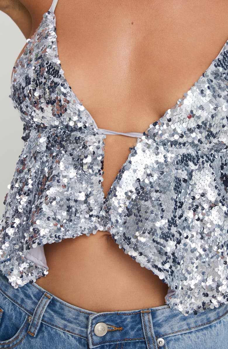 Princess Polly Rosaton Sequin Open Back Crop Camisole, Alternate, color, Silver