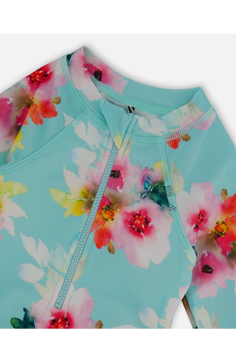Deux par Deux Little Girl's Printed One-Piece Rashguard With Frills Turquoise And Pink Flowers, Alternate, color,