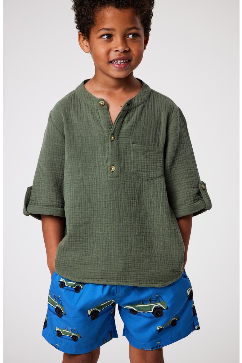 Kids' Frankie Cotton Gauze Henley Top, Alternate, color, GREEN