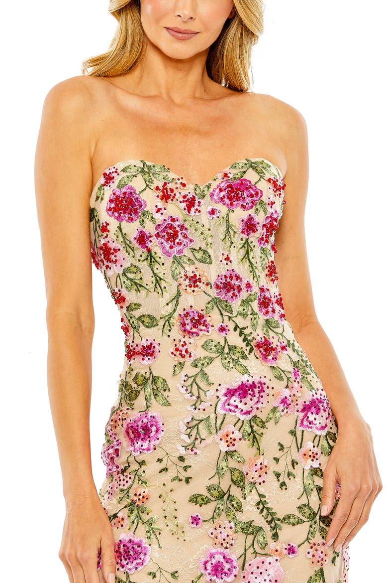 Strapless Sheer Bustier Embroidered Mermaid Gown, Alternate, color, PINK MULTI