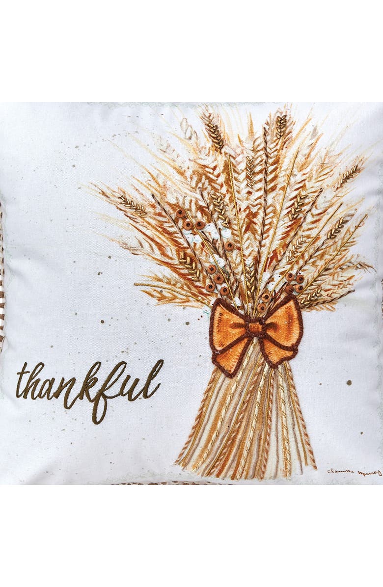C&F Home "Thankful" Wheat Bundle w/ Bow Cotton Blend Embroidered Accent Throw Pillow 18" x 18", Alternate, color, Brown