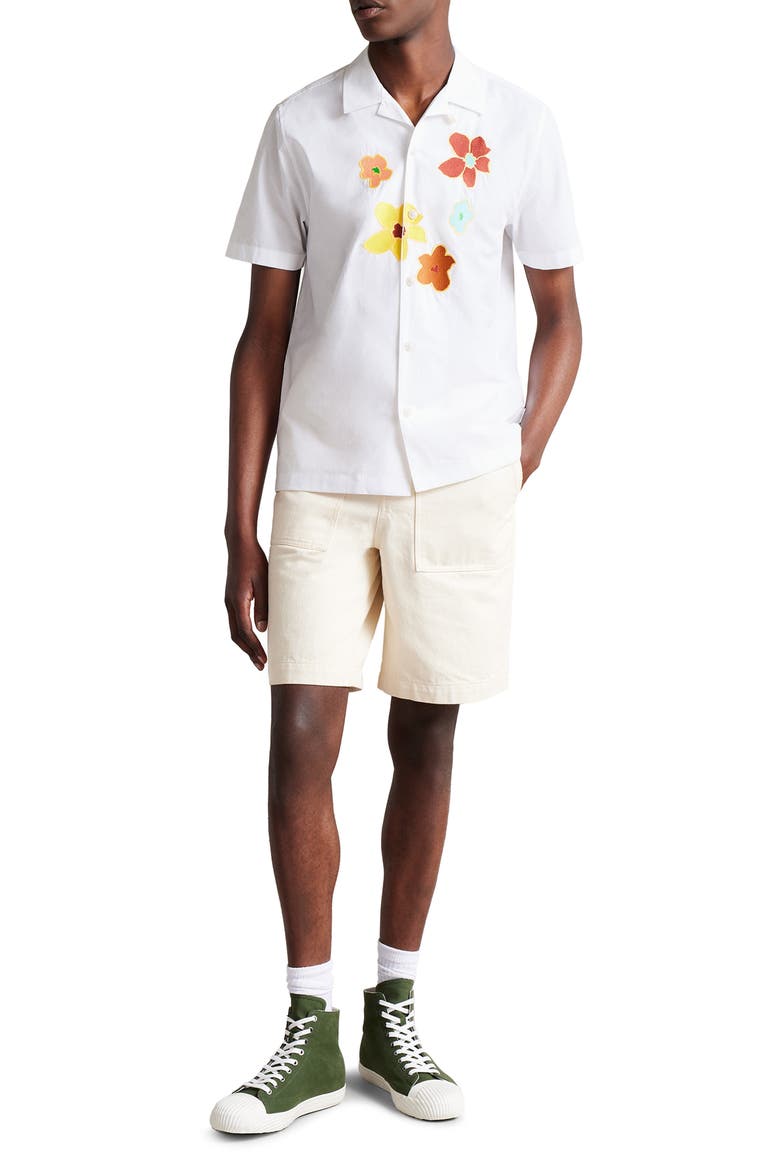 Walmond Floral Appliqué Short Sleeve Cotton Button-Up Camp Shirt, Alternate, color, WHITE