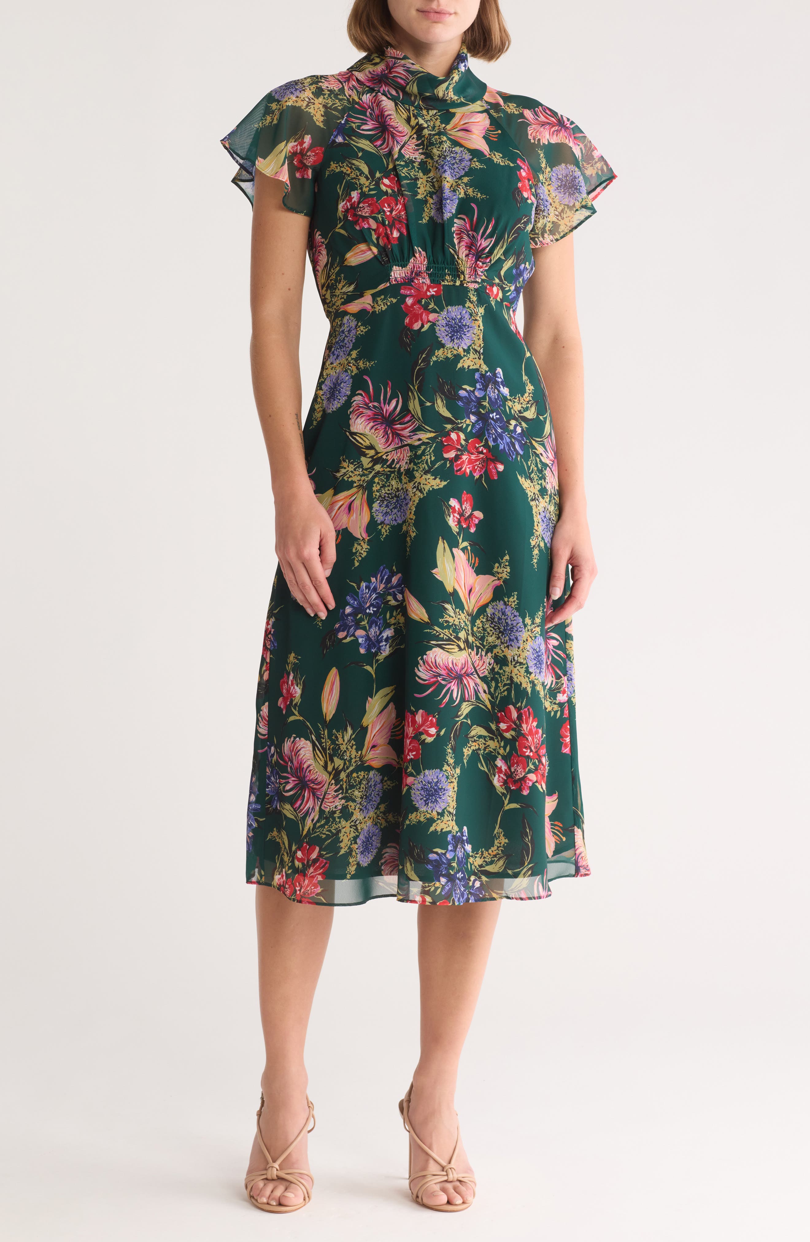 Vince Camuto Floral Short Sleeve Chiffon Midi Dress