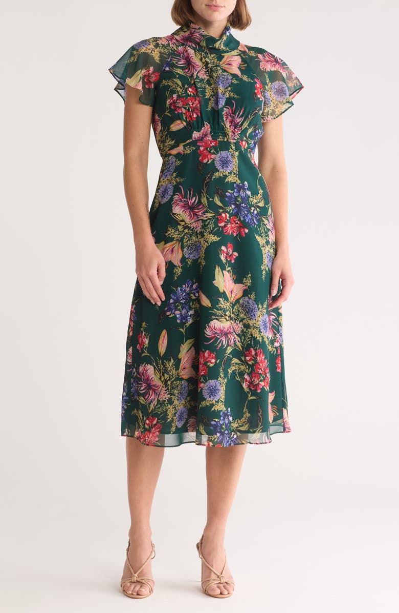 Vince Camuto Floral Short Sleeve Chiffon Midi Dress, Main, color, Hunter