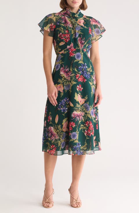 Floral Short Sleeve Chiffon Midi Dress