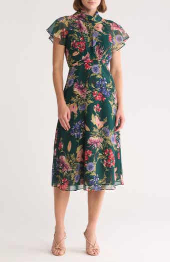 Vince Camuto Floral Short Sleeve Chiffon Midi Dress