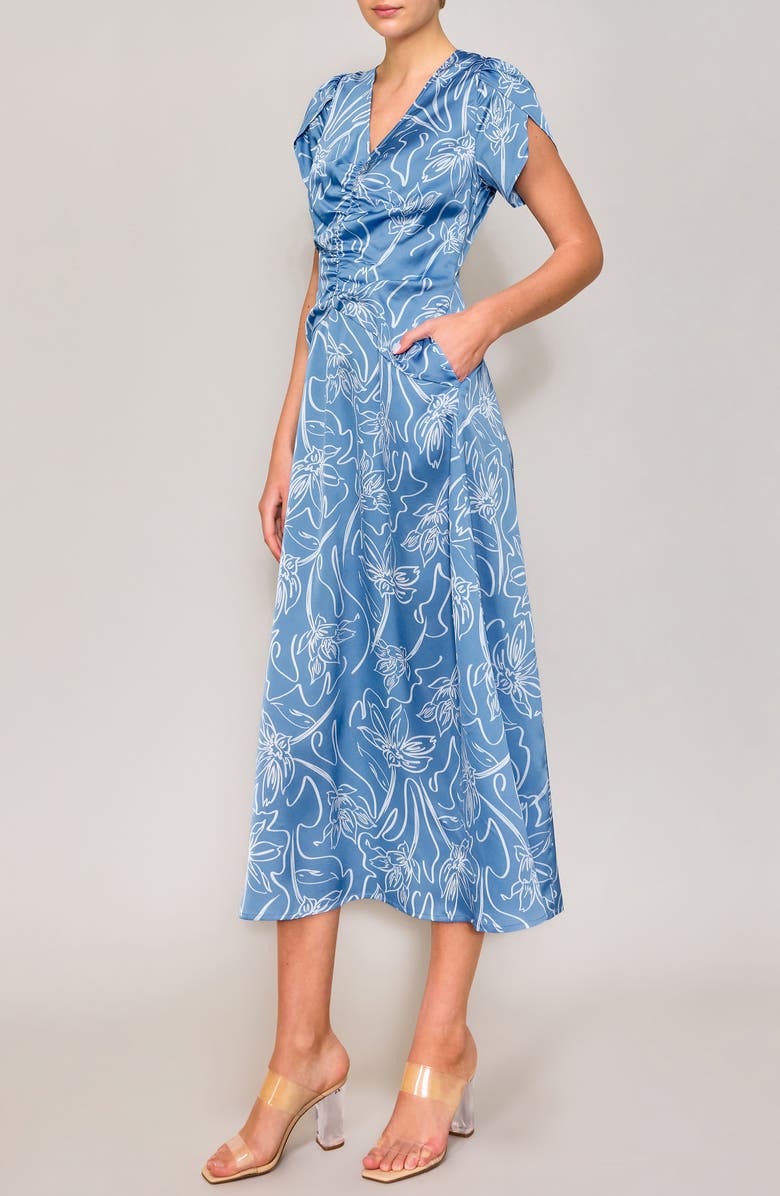 MELLODAY Ruched Tulip Sleeve Maxi Dress, Alternate, color, Blue/ Ivory Print
