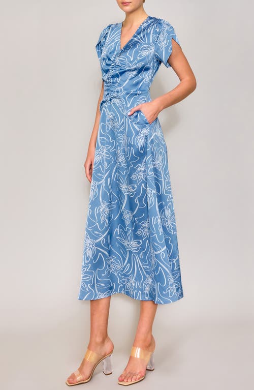 Melloday Ruched Tulip Sleeve Maxi Dress In Blue/ivory Print
