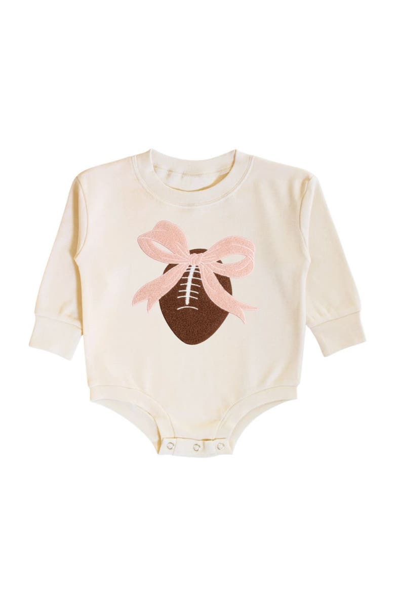 Sweet Wink Bow Football Patch Long Sleeve Romper, Main, color, 