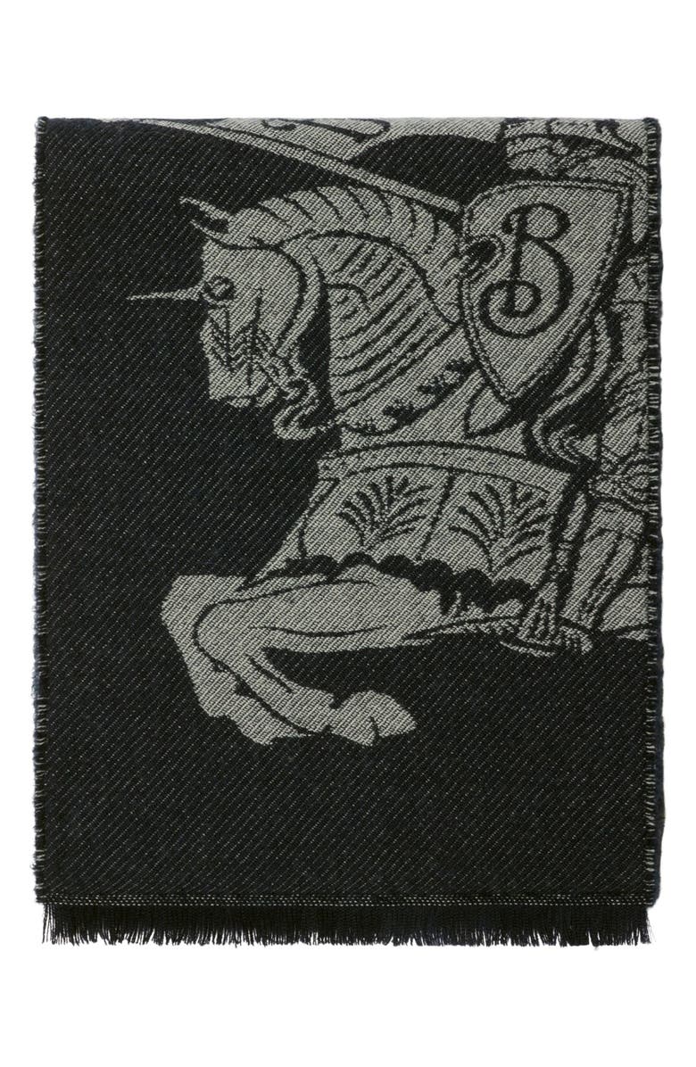 Burberry Equestrian Knight Jacquard Wool & Alpaca Blend Fringe Scarf, Alternate, color,