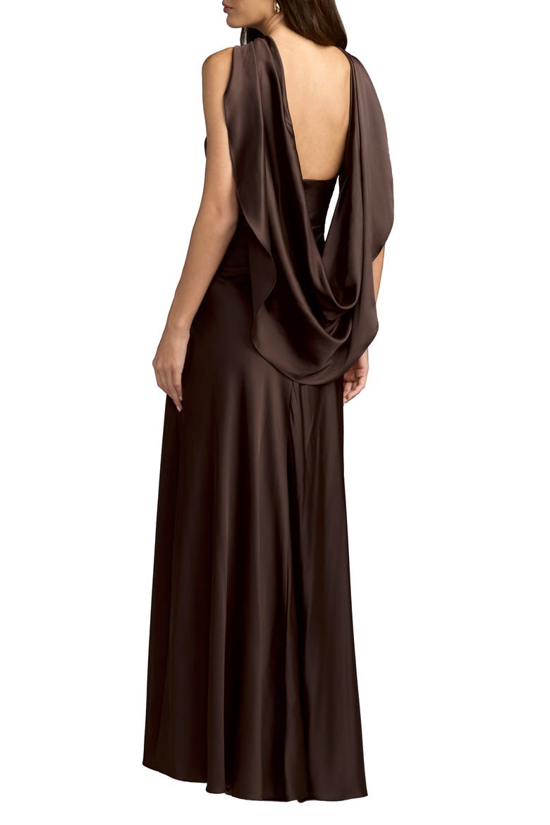 Charmeuse Cowl Back Halter Neck Gown, Alternate, color, Chocolate