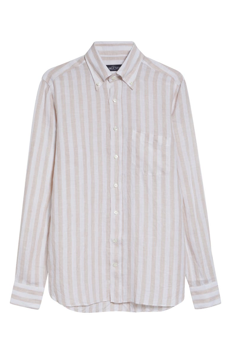 J. Mueser Regular Fit Stripe Linen Button-Down Shirt, Main, color, Tan Stripe