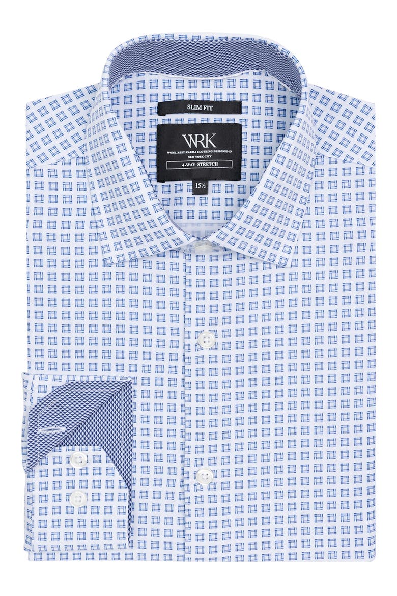 Slim Fit Square Print Performance Dress Shirt, Alternate, color, WHITE/ BLUE