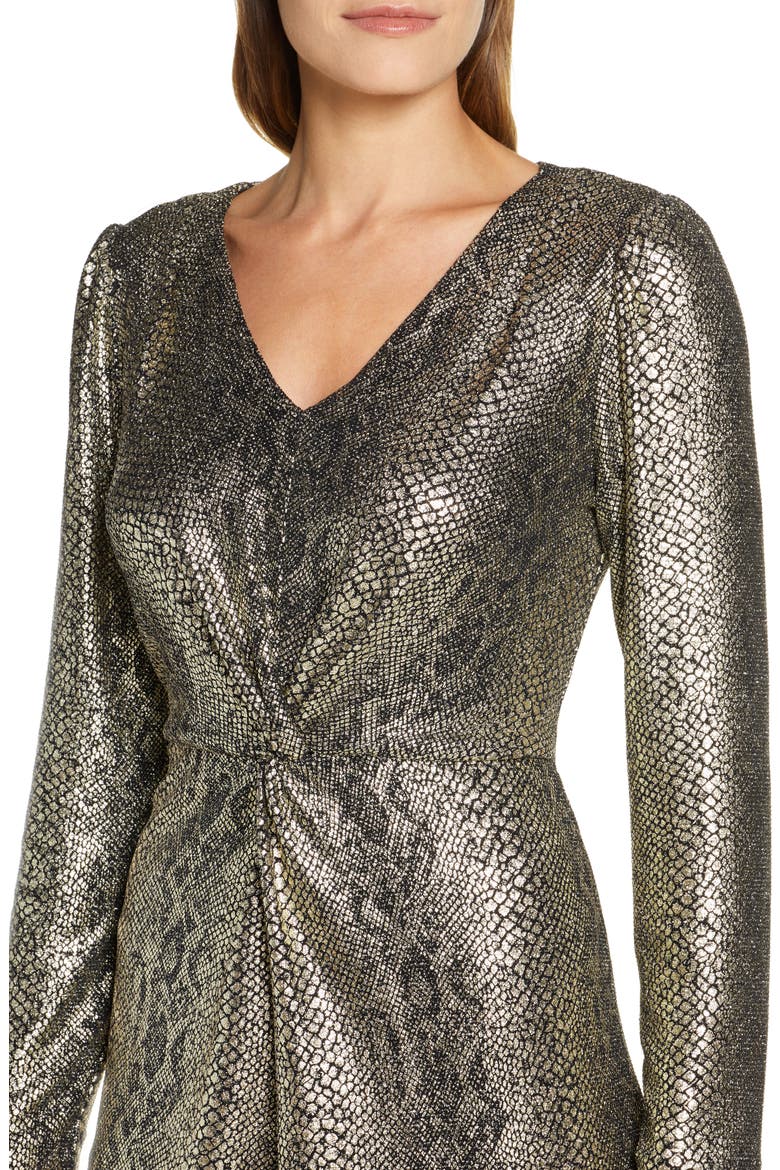 Metallic Snakeskin Print Long Sleeve Dress, Alternate, color, BLACK/ GOLD