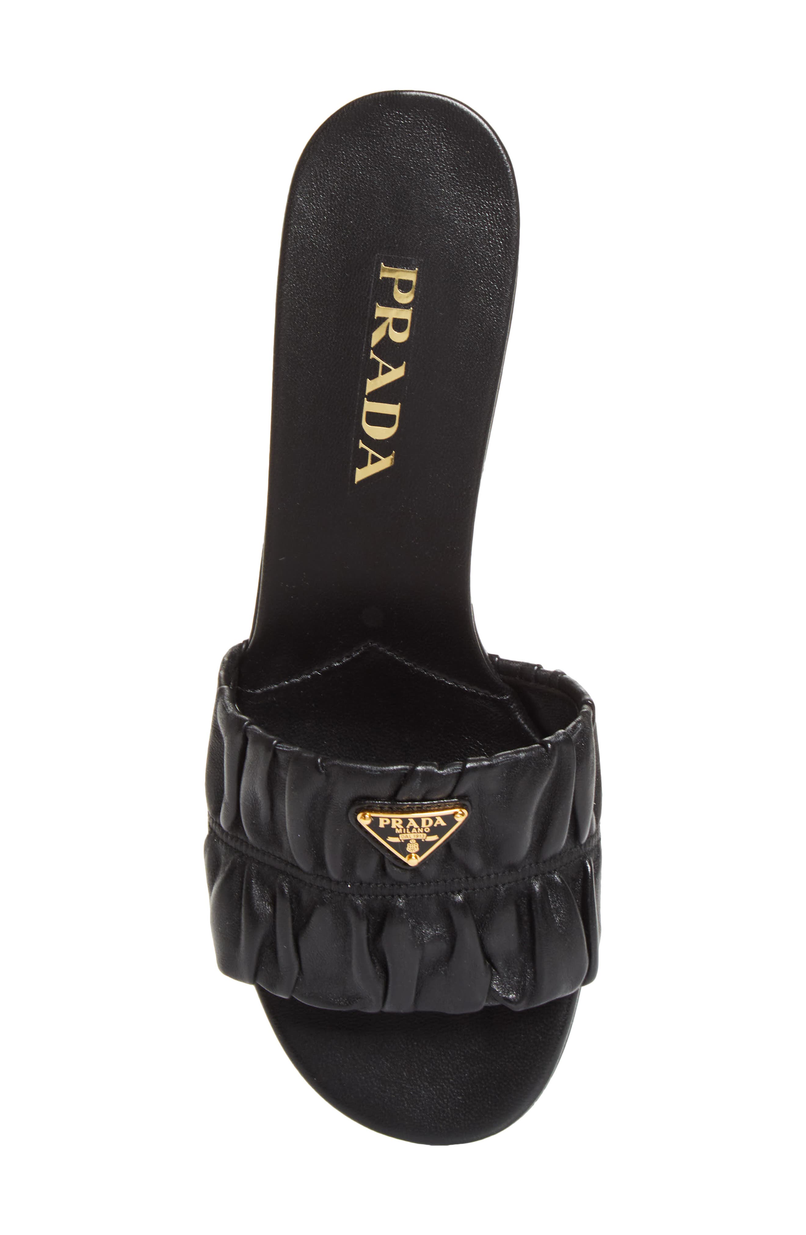 Prada Ruched Logo Sandal, Alternate, color, Nero