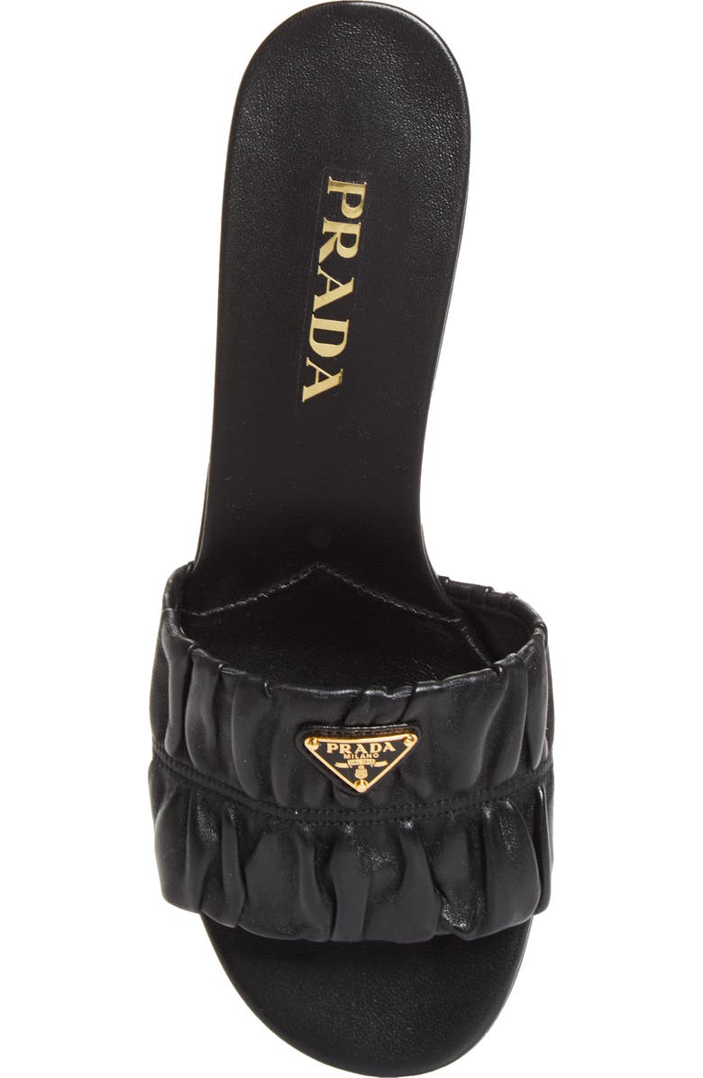 Prada Ruched Logo Sandal, Alternate, color, Nero