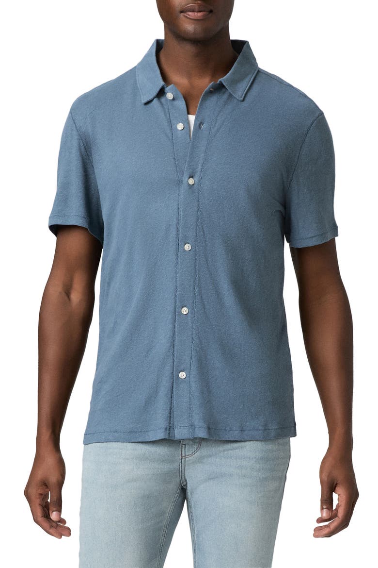 Sultan Short Sleeve Linen & Cotton Knit Button-Up Shirt, Main, color, LAKESIDE