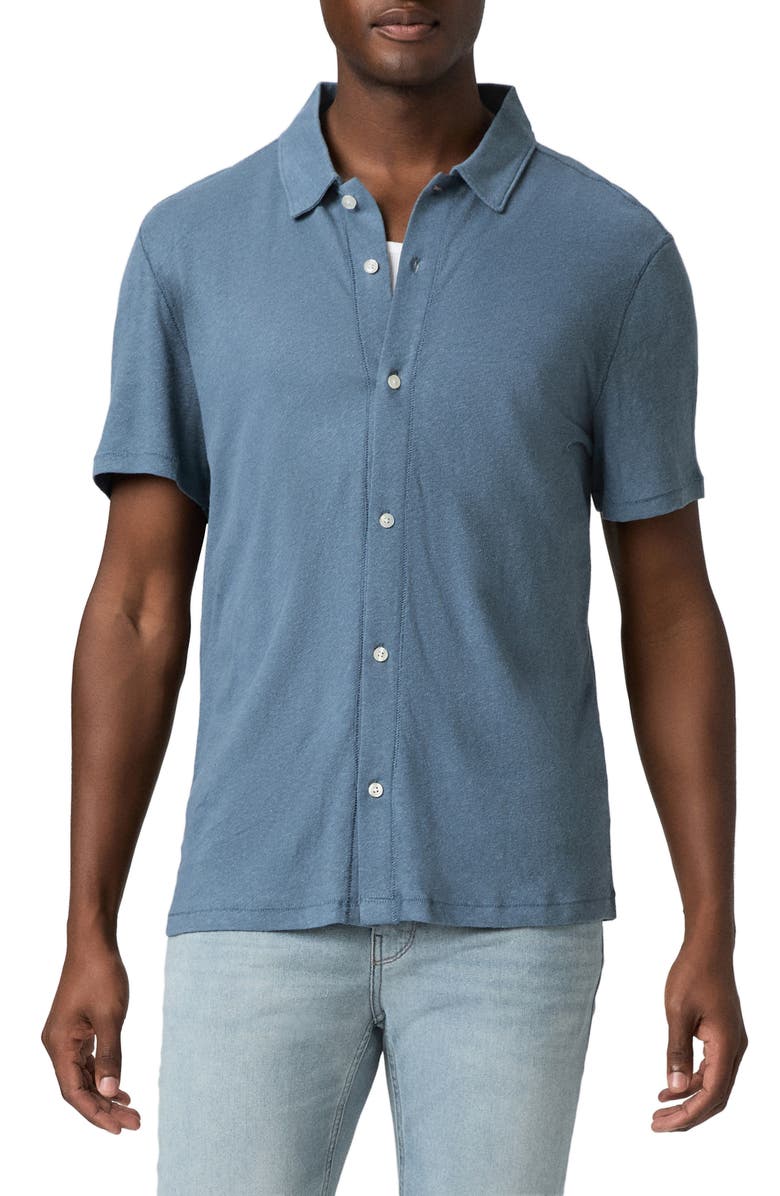 PAIGE Sultan Short Sleeve Linen & Cotton Knit Button-Up Shirt, Main, color, Lakeside