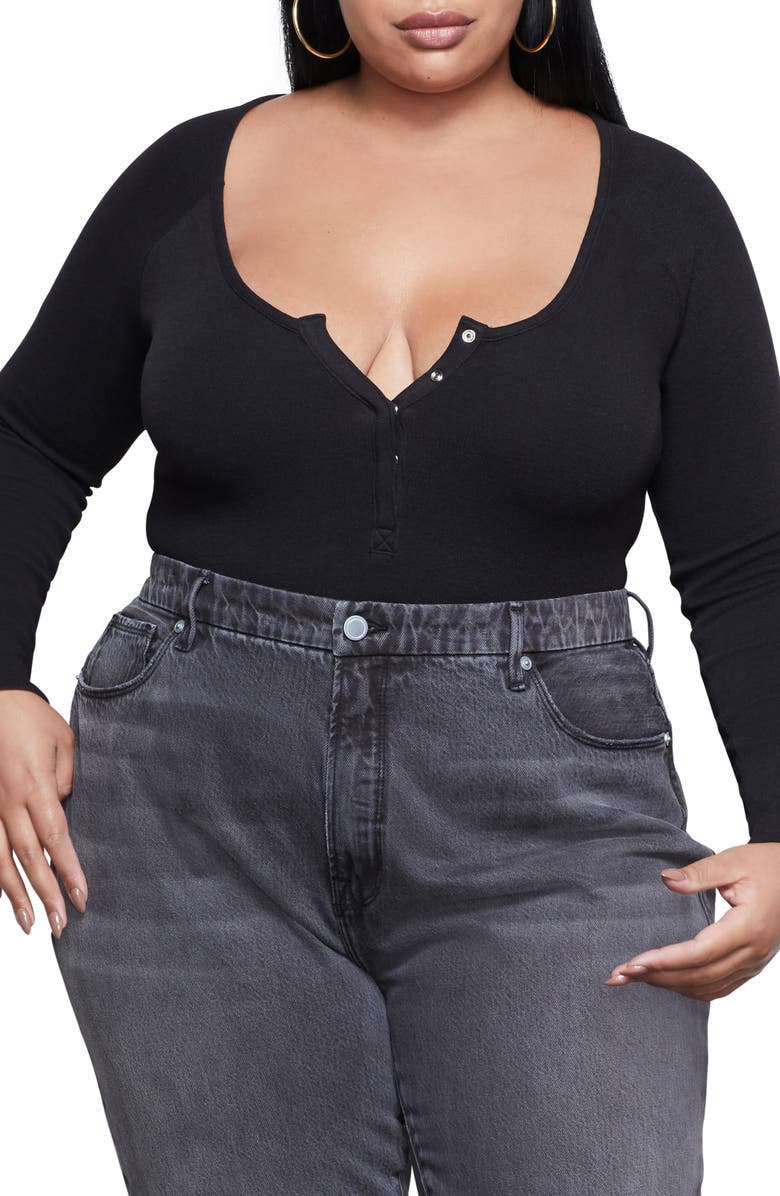 Good American Good Body Snap Henley Bodysuit, Alternate, color, 