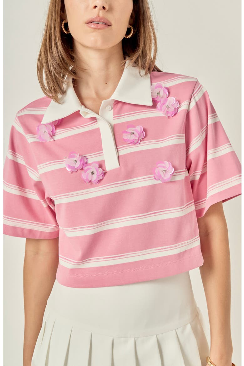 Floral Embellished Striped Polo T-Shirt, Alternate, color, PINK/ OFF WHITE