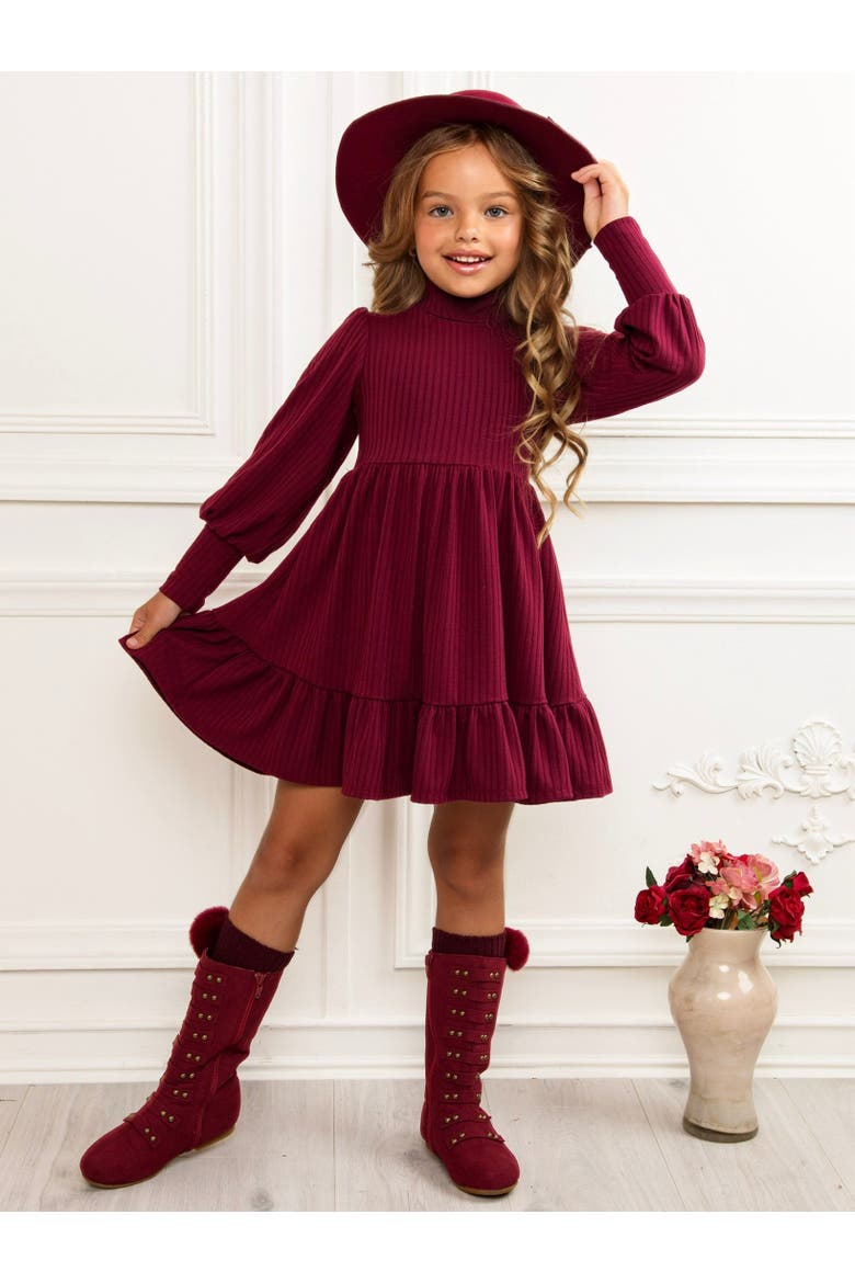 Snuggle & Twirl Ribbed Turtleneck Ruffle Dress, Alternate, color, Burgundy