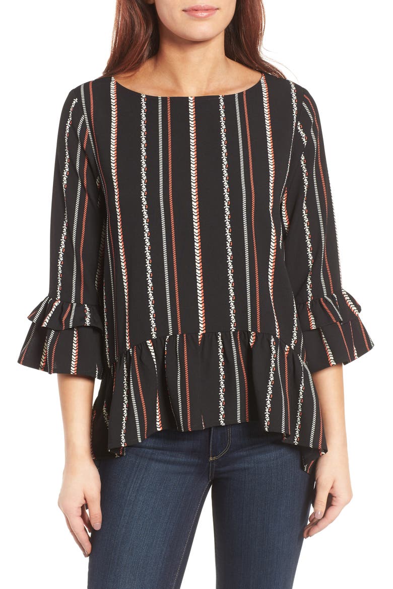 Gibson Peplum Top, Main, color, BLACK/ IVORY PRINT