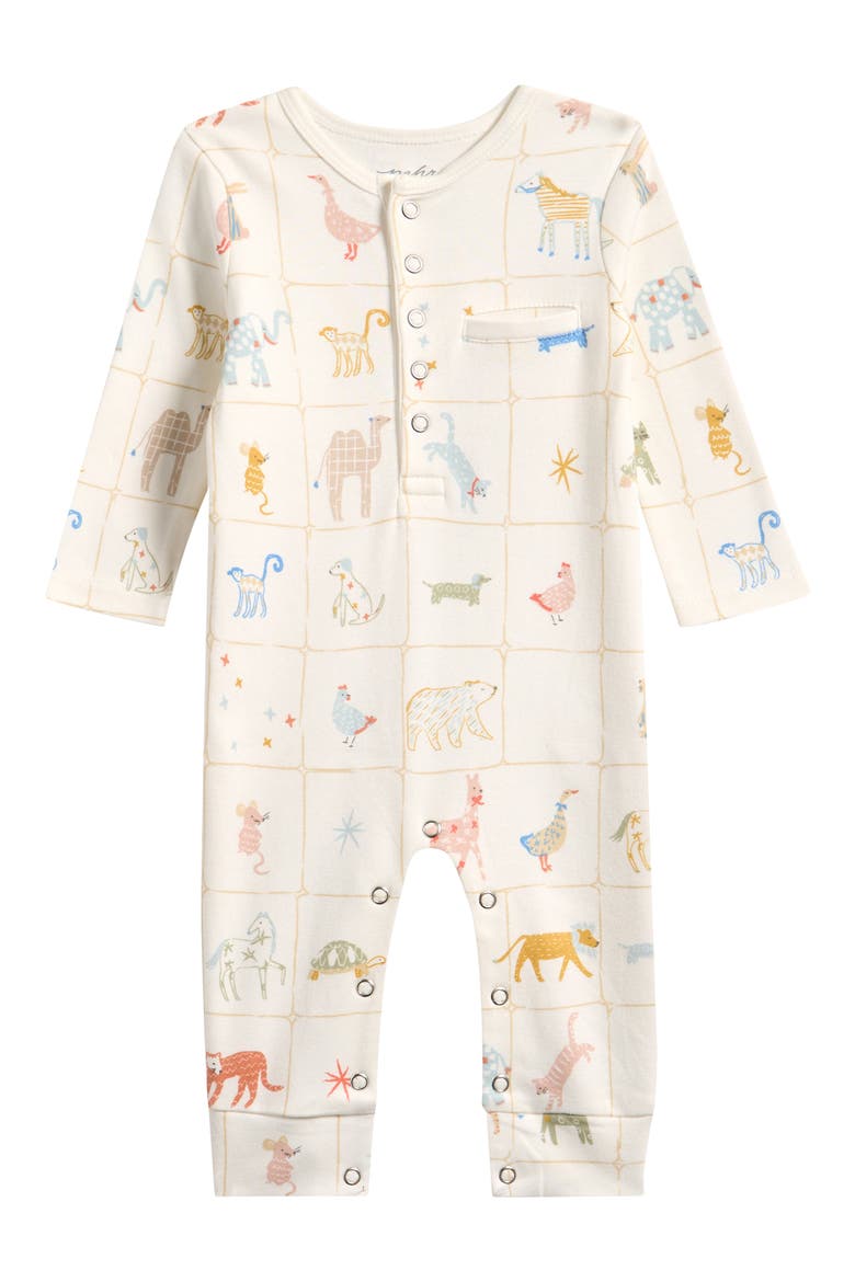 Long Sleeve Organic Cotton Henley Romper, Main, color, ANIMAL SHUFFLE