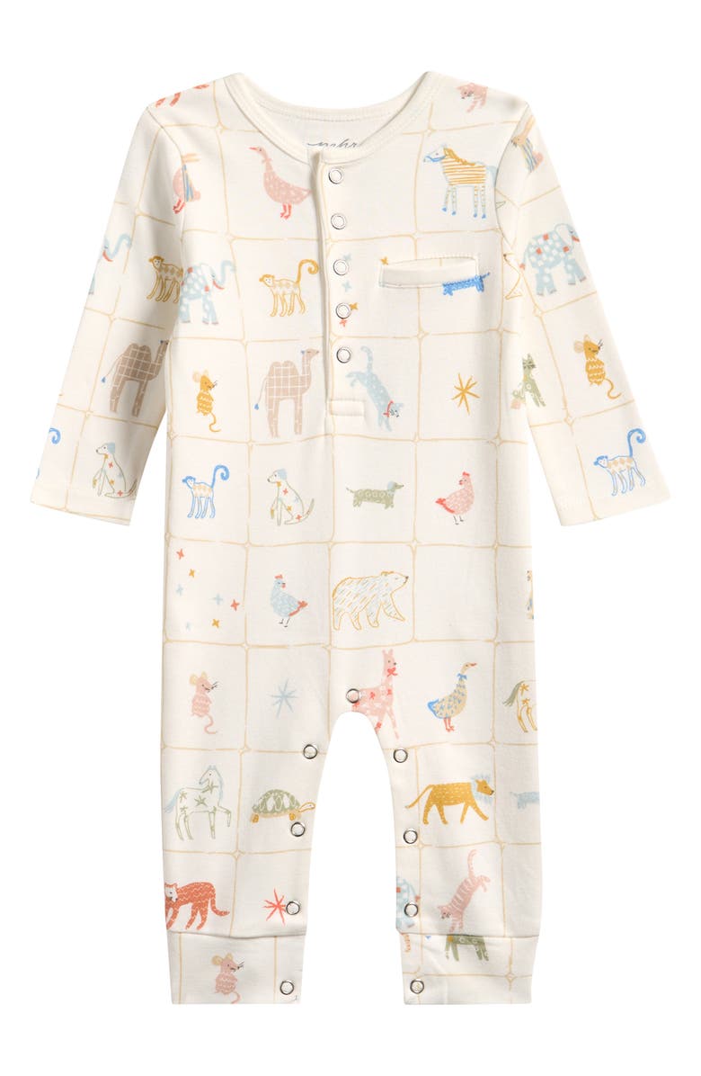 Pehr Long Sleeve Organic Cotton Henley Romper, Main, color, Animal Shuffle