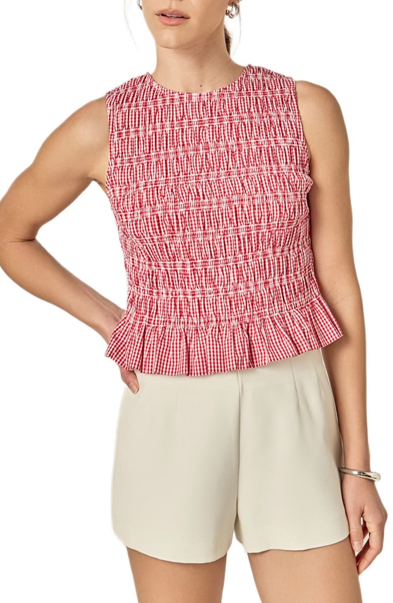 English Factory Smocked Frill Hem Sleeveless Top, Main, color, Red
