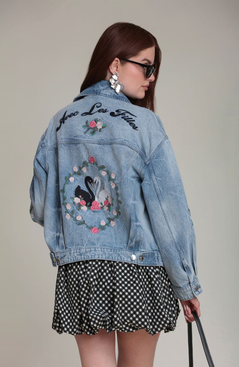 Avec Les Filles Embroidered Denim Trucker Jacket, Alternate, color, 