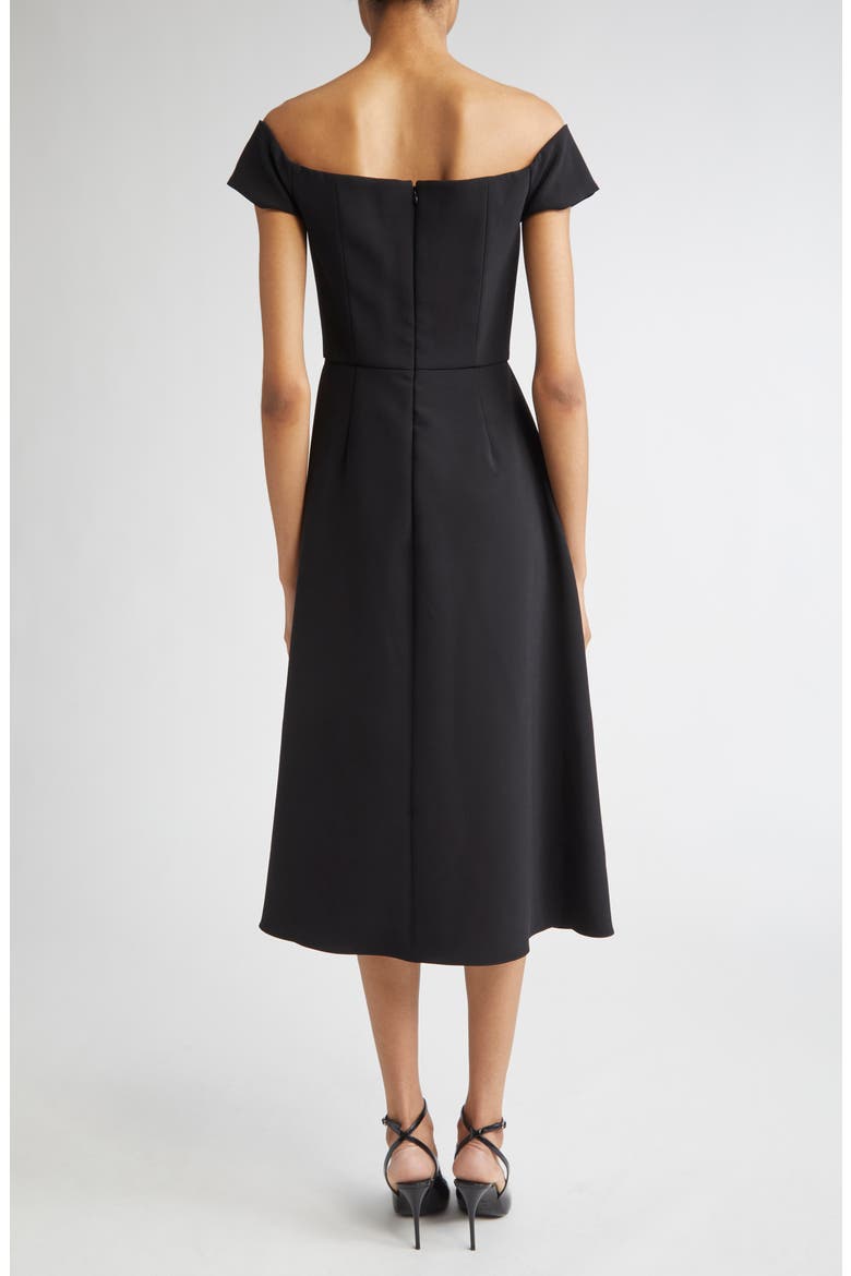 Crystal Bow Off the Shoulder Stretch Crepe Midi Dress, Alternate, color, BLACK