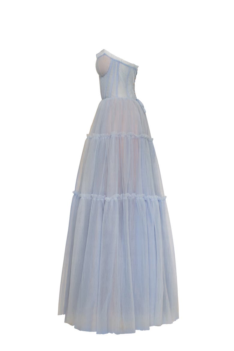 light blue ruffled tulle midi dress Ruffled Tulle Maxi Formal Occasion Gown in Blue (Women)