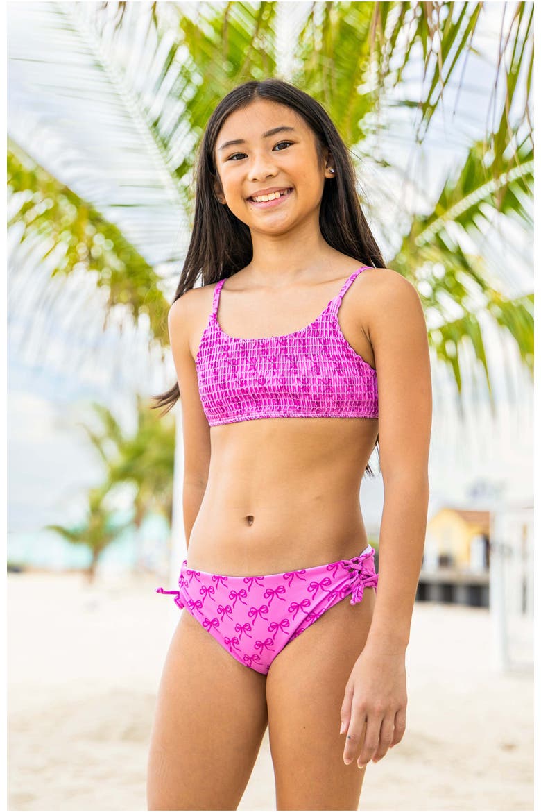 Bow Printed Smocked Bikini Swimsuit, Alternate, color, Orchid