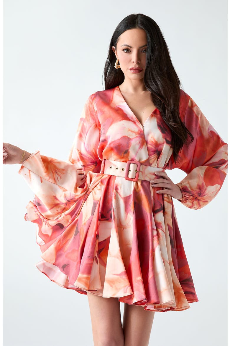 Estella Print Belted Fit & Flare Dress, Alternate, color, PINK MULTI