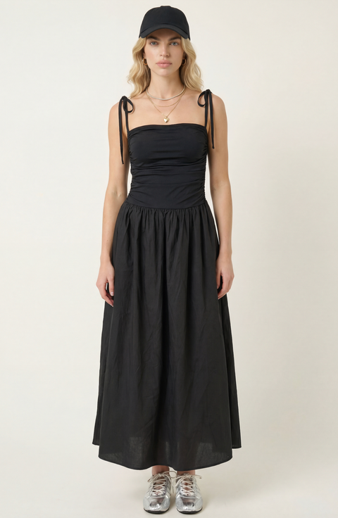 Ruched Bodice Tie Strap Gathered Skirt Midi Dress