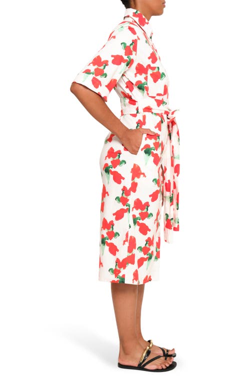 The Lulo Project Marina Floral Stretch Cotton Midi Shirtdress In Orange Bloom Beige