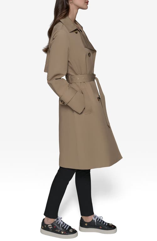Karl Lagerfeld Paris Water Resistant Embossed Logo Detail Cotton Blend Trench Coat In Khaki