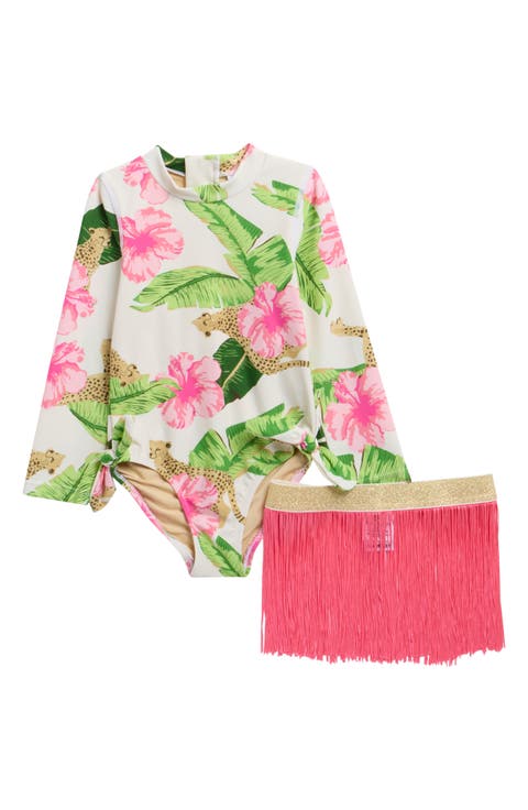 Kids' Long Sleeve One-Piece Swimsuit with Fringe Skirt Set (Toddler)