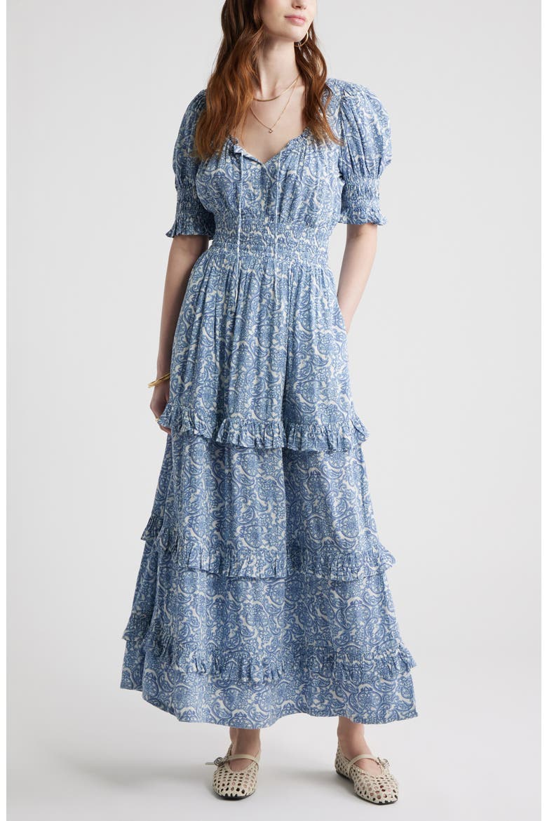 Smock Waist Ruffle Trim Tiered Maxi Dress, Main, color, BLUE LACE ALLOVER