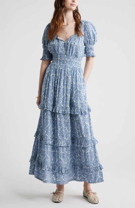 Smock Waist Ruffle Trim Tiered Maxi Dress